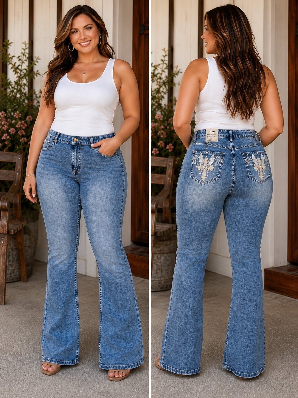 Telepatia 18W High Rise Bootcut Jeans Bling Cross Pocket Stretch Denim